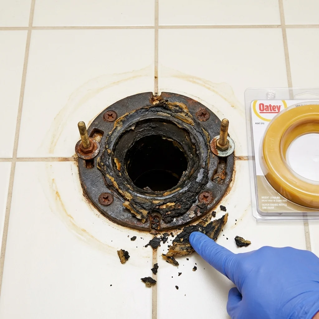 Failed wax ring showing water seepage at the base of a toilet in a Hudson, WI home