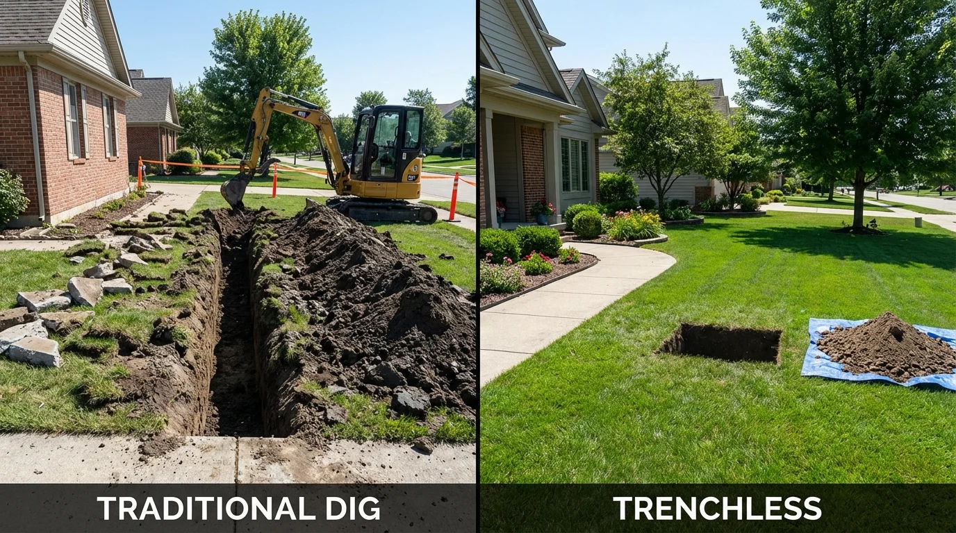Trenchless sewer repair with minimal yard damage versus traditional excavation in Hudson, WI